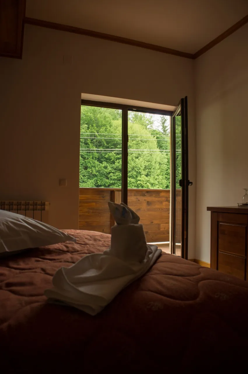 A bed with a brown cover, beside the balcony door standing open onto greenery
