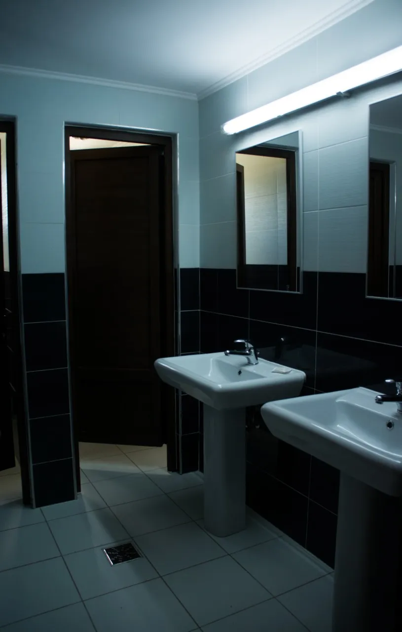 Two pale blue porcelain washbasins against a dark tiled wall.