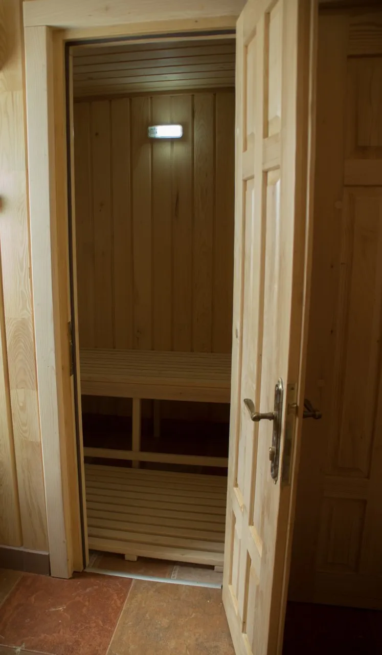 The open door of a sauna, with the pale wooden benches inside.